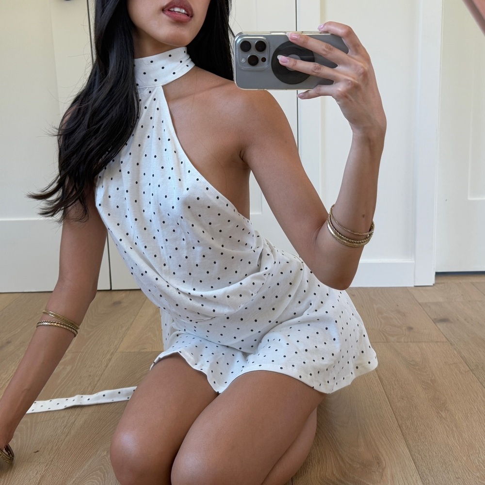 Elegant White Polka Dot Halter Dress